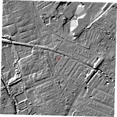 Shaded relief map of the ground around SW192AR, computed from Environment Agency LiDAR. The ground here sits at about 13 m above sea level and falls 10 m across the surrounding 800 m. Surface water reaching this point runs off ground lying to the east-south-east, 6.8 m higher.
