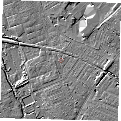 Shaded relief map of the ground around SW192AS, computed from Environment Agency LiDAR. The ground here sits at about 14 m above sea level and falls 10 m across the surrounding 800 m. Surface water reaching this point runs off ground lying to the east-south-east, 6.8 m higher.