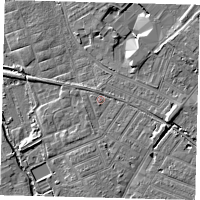 Shaded relief map of the ground around SW192AT, computed from Environment Agency LiDAR. The ground here sits at about 14 m above sea level and falls 10 m across the surrounding 800 m. Surface water reaching this point runs off ground lying to the east-south-east, 6.8 m higher.