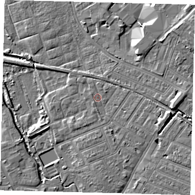 Shaded relief map of the ground around SW192AU, computed from Environment Agency LiDAR. The ground here sits at about 14 m above sea level and falls 10 m across the surrounding 800 m. Surface water reaching this point runs off ground lying to the south, 1.2 m higher.