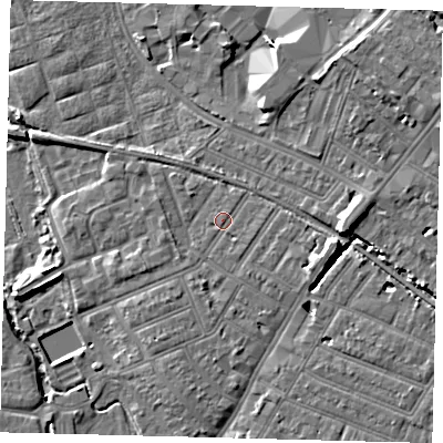 Shaded relief map of the ground around SW192AW, computed from Environment Agency LiDAR. The ground here sits at about 14 m above sea level and falls 10 m across the surrounding 800 m. Surface water reaching this point runs off ground lying to the south, 1.6 m higher.