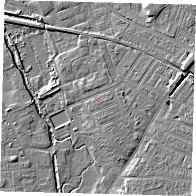 Shaded relief map of the ground around SW192AX, computed from Environment Agency LiDAR. The ground here sits at about 14 m above sea level and falls 9 m across the surrounding 800 m. Surface water reaching this point runs off ground lying to the east-south-east, 1.2 m higher.