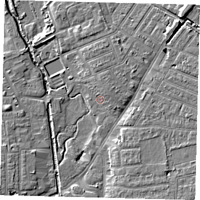Shaded relief map of the ground around SW192AY, computed from Environment Agency LiDAR. The ground here sits at about 13 m above sea level and falls 9 m across the surrounding 800 m. Surface water reaching this point runs off ground lying to the east-north-east, 2.9 m higher.