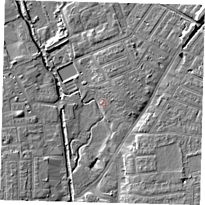 Shaded relief map of the ground around SW192AZ, computed from Environment Agency LiDAR. The ground here sits at about 12 m above sea level and falls 9 m across the surrounding 800 m. Surface water reaching this point runs off ground lying to the north-east, 7.9 m higher.
