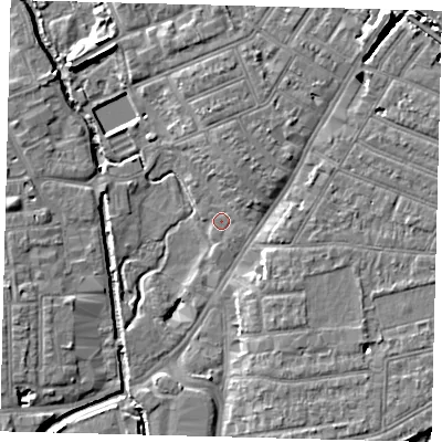 Shaded relief map of the ground around SW192BB, computed from Environment Agency LiDAR. The ground here sits at about 12 m above sea level and falls 9 m across the surrounding 800 m. Surface water reaching this point runs off ground lying to the east-north-east, 2.2 m higher.