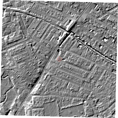 Shaded relief map of the ground around SW192BD, computed from Environment Agency LiDAR. The ground here sits at about 15 m above sea level and falls 11 m across the surrounding 800 m. Surface water reaching this point runs off ground lying to the east-south-east, 3.1 m higher.
