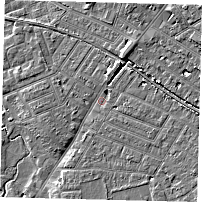 Shaded relief map of the ground around SW192BE, computed from Environment Agency LiDAR. The ground here sits at about 14 m above sea level and falls 12 m across the surrounding 800 m. Surface water reaching this point runs off ground lying to the east-south-east, 4.8 m higher.