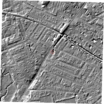 Shaded relief map of the ground around SW192BF, computed from Environment Agency LiDAR. The ground here sits at about 14 m above sea level and falls 11 m across the surrounding 800 m. Surface water reaching this point runs off ground lying to the east-south-east, 4.8 m higher.