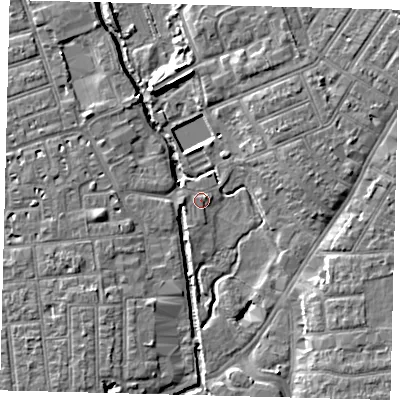 Shaded relief map of the ground around SW192BG, computed from Environment Agency LiDAR. The ground here sits at about 12 m above sea level and falls 6 m across the surrounding 800 m. Surface water reaching this point runs off ground lying to the south-east, 5.6 m higher.