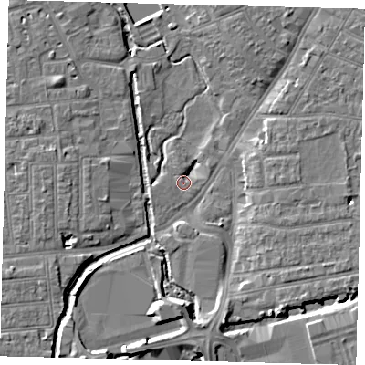 Shaded relief map of the ground around SW192BH, computed from Environment Agency LiDAR. The ground here sits at about 12 m above sea level and falls 8 m across the surrounding 800 m. Surface water reaching this point runs off ground lying to the east-south-east, 6.4 m higher.