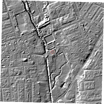 Shaded relief map of the ground around SW192BJ, computed from Environment Agency LiDAR. The ground here sits at about 11 m above sea level and falls 6 m across the surrounding 800 m. Surface water reaching this point runs off ground lying to the south-east, 5.7 m higher.
