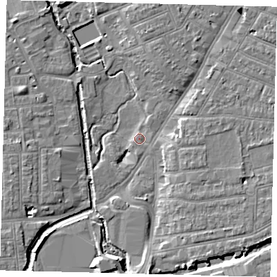 Shaded relief map of the ground around SW192BL, computed from Environment Agency LiDAR. The ground here sits at about 12 m above sea level and falls 8 m across the surrounding 800 m. Surface water reaching this point runs off ground lying to the east-south-east, 4.6 m higher.