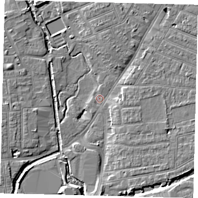 Shaded relief map of the ground around SW192BN, computed from Environment Agency LiDAR. The ground here sits at about 12 m above sea level and falls 8 m across the surrounding 800 m. Surface water reaching this point runs off ground lying to the south-east, 4.7 m higher.