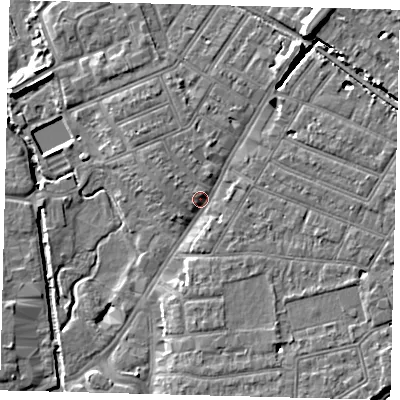 Shaded relief map of the ground around SW192BT, computed from Environment Agency LiDAR. The ground here sits at about 14 m above sea level and falls 9 m across the surrounding 800 m. Surface water reaching this point runs off ground lying to the north-north-east, 6.2 m higher.