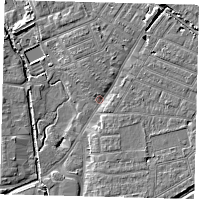 Shaded relief map of the ground around SW192BW, computed from Environment Agency LiDAR. The ground here sits at about 13 m above sea level and falls 9 m across the surrounding 800 m. Surface water reaching this point runs off ground lying to the north-north-east, 6.2 m higher.