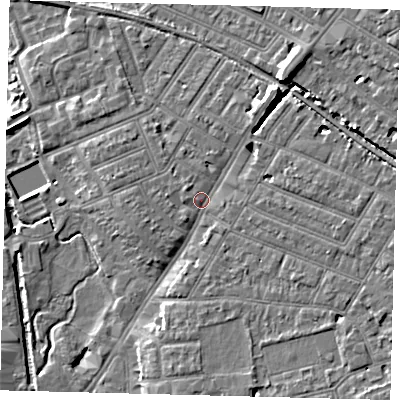 Shaded relief map of the ground around SW192BY, computed from Environment Agency LiDAR. The ground here sits at about 14 m above sea level and falls 10 m across the surrounding 800 m. Surface water reaching this point runs off ground lying to the south-east, 4.5 m higher.