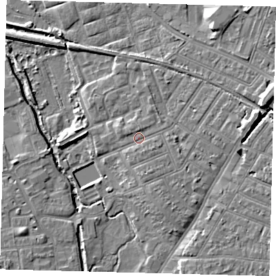 Shaded relief map of the ground around SW192DE, computed from Environment Agency LiDAR. The ground here sits at about 14 m above sea level and falls 9 m across the surrounding 800 m. Surface water reaching this point runs off ground lying to the south-east, 1.2 m higher.
