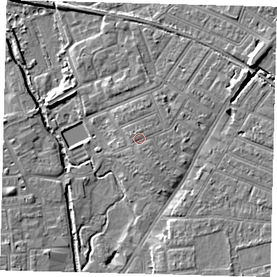 Shaded relief map of the ground around SW192DH, computed from Environment Agency LiDAR. The ground here sits at about 14 m above sea level and falls 9 m across the surrounding 800 m. Surface water reaching this point runs off ground lying to the east-north-east, 0.8 m higher.