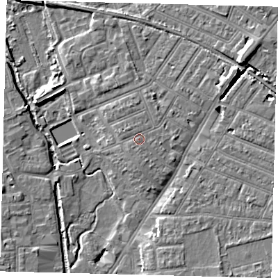 Shaded relief map of the ground around SW192DJ, computed from Environment Agency LiDAR. The ground here sits at about 14 m above sea level and falls 9 m across the surrounding 800 m. The ground contributing surface water to this point lies to the south-south-east.
