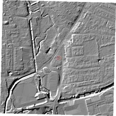 Shaded relief map of the ground around SW192FA, computed from Environment Agency LiDAR. The ground here sits at about 12 m above sea level and falls 8 m across the surrounding 800 m. Surface water reaching this point runs off ground lying to the south-east, 4.9 m higher.
