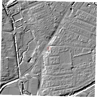 Shaded relief map of the ground around SW192FL, computed from Environment Agency LiDAR. The ground here sits at about 12 m above sea level and falls 7 m across the surrounding 800 m. Surface water reaching this point runs off ground lying to the south-east, 4.9 m higher.