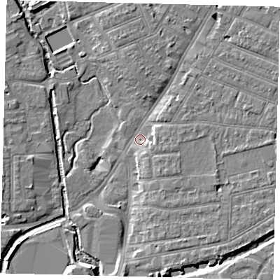 Shaded relief map of the ground around SW192HR, computed from Environment Agency LiDAR. The ground here sits at about 12 m above sea level and falls 8 m across the surrounding 800 m. Surface water reaching this point runs off ground lying to the south-east, 3.8 m higher.