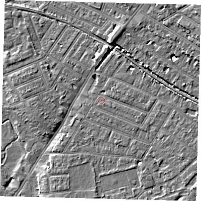 Shaded relief map of the ground around SW192HT, computed from Environment Agency LiDAR. The ground here sits at about 15 m above sea level and falls 11 m across the surrounding 800 m. Surface water reaching this point runs off ground lying to the east-south-east, 2.3 m higher.