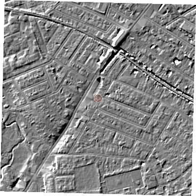 Shaded relief map of the ground around SW192HU, computed from Environment Agency LiDAR. The ground here sits at about 14 m above sea level and falls 11 m across the surrounding 800 m. Surface water reaching this point runs off ground lying to the east-south-east, 1.0 m higher.