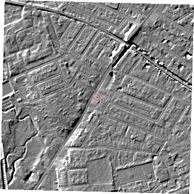 Shaded relief map of the ground around SW192JE, computed from Environment Agency LiDAR. The ground here sits at about 14 m above sea level and falls 11 m across the surrounding 800 m. Surface water reaching this point runs off ground lying to the east-south-east, 4.5 m higher.