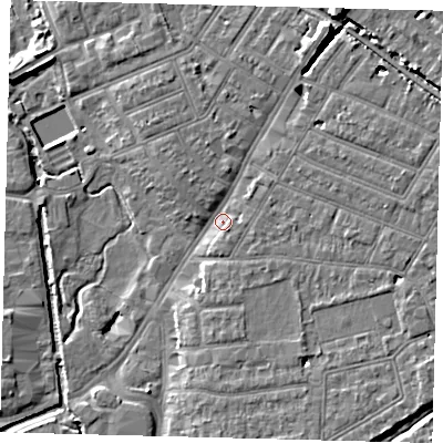 Shaded relief map of the ground around SW192JF, computed from Environment Agency LiDAR. The ground here sits at about 14 m above sea level and falls 9 m across the surrounding 800 m. Surface water reaching this point runs off ground lying to the north-north-east, 6.2 m higher.