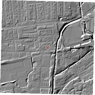 Shaded relief map of the ground around SW192LP, computed from Environment Agency LiDAR. The ground here sits at about 15 m above sea level and falls 7 m across the surrounding 800 m. Surface water reaching this point runs off ground lying to the west-north-west, 0.8 m higher.