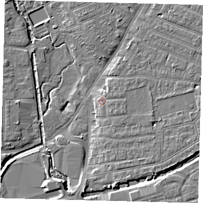 Shaded relief map of the ground around SW192NS, computed from Environment Agency LiDAR. The ground here sits at about 14 m above sea level and falls 8 m across the surrounding 800 m. Surface water reaching this point runs off ground lying to the east-south-east, 2.2 m higher.