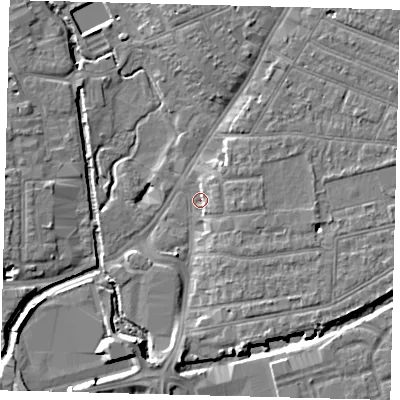 Shaded relief map of the ground around SW192NX, computed from Environment Agency LiDAR. The ground here sits at about 12 m above sea level and falls 8 m across the surrounding 800 m. Surface water reaching this point runs off ground lying to the east, 3.5 m higher.