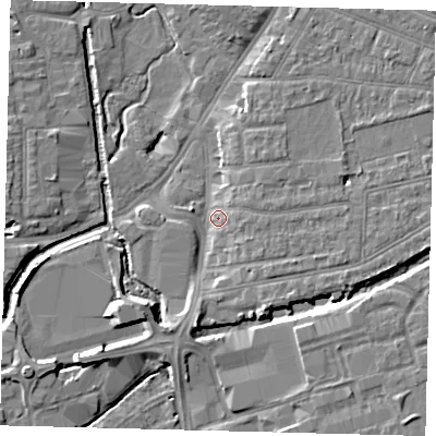 Shaded relief map of the ground around SW192NY, computed from Environment Agency LiDAR. The ground here sits at about 13 m above sea level and falls 8 m across the surrounding 800 m. Surface water reaching this point runs off ground lying to the east-south-east, 4.6 m higher.