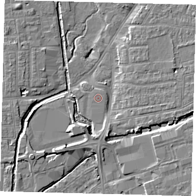Shaded relief map of the ground around SW192PP, computed from Environment Agency LiDAR. The ground here sits at about 13 m above sea level and falls 7 m across the surrounding 800 m. The ground contributing surface water to this point lies to the east-north-east.