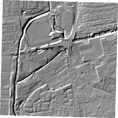 Shaded relief map of the ground around SW192PQ, computed from Environment Agency LiDAR. The ground here sits at about 13 m above sea level and falls 6 m across the surrounding 800 m. Surface water reaching this point runs off ground lying to the south-west, 4.0 m higher.