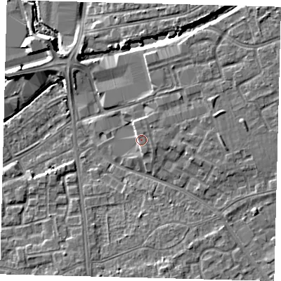 Shaded relief map of the ground around SW192QA, computed from Environment Agency LiDAR. The ground here sits at about 16 m above sea level and falls 7 m across the surrounding 800 m. The ground contributing surface water to this point lies to the north-north-east.