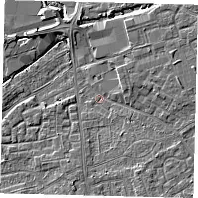 Shaded relief map of the ground around SW192QD, computed from Environment Agency LiDAR. The ground here sits at about 14 m above sea level and falls 7 m across the surrounding 800 m. Surface water reaching this point runs off ground lying to the south-south-east, 5.0 m higher.