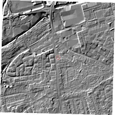 Shaded relief map of the ground around SW192QF, computed from Environment Agency LiDAR. The ground here sits at about 14 m above sea level and falls 7 m across the surrounding 800 m. Surface water reaching this point runs off ground lying to the south-east, 4.5 m higher.