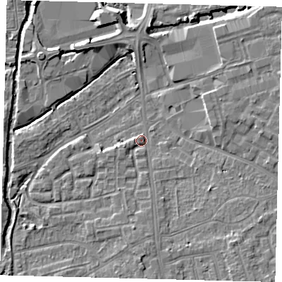 Shaded relief map of the ground around SW192QH, computed from Environment Agency LiDAR. The ground here sits at about 15 m above sea level and falls 7 m across the surrounding 800 m. Surface water reaching this point runs off ground lying to the south-east, 5.3 m higher.