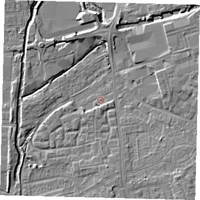 Shaded relief map of the ground around SW192QN, computed from Environment Agency LiDAR. The ground here sits at about 14 m above sea level and falls 7 m across the surrounding 800 m. Surface water reaching this point runs off ground lying to the south-east, 5.4 m higher.