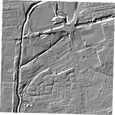Shaded relief map of the ground around SW192QR, computed from Environment Agency LiDAR. The ground here sits at about 13 m above sea level and falls 7 m across the surrounding 800 m. Surface water reaching this point runs off ground lying to the south-east, 6.5 m higher.