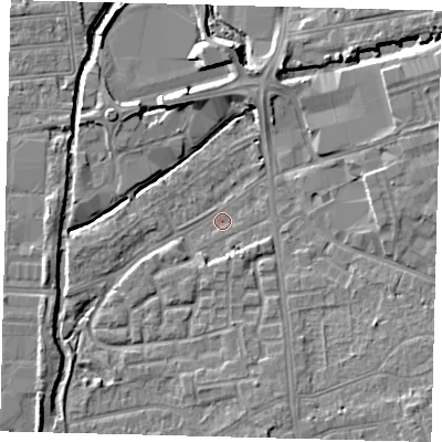 Shaded relief map of the ground around SW192QS, computed from Environment Agency LiDAR. The ground here sits at about 13 m above sea level and falls 7 m across the surrounding 800 m. Surface water reaching this point runs off ground lying to the south-east, 5.7 m higher.