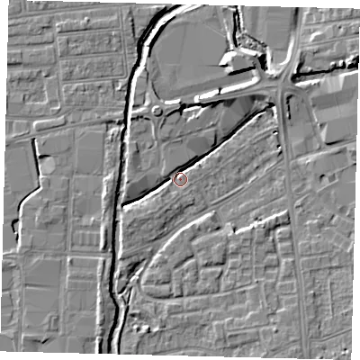 Shaded relief map of the ground around SW192RA, computed from Environment Agency LiDAR. The ground here sits at about 13 m above sea level and falls 6 m across the surrounding 800 m. Surface water reaching this point runs off ground lying to the north-north-west, 5.1 m higher.