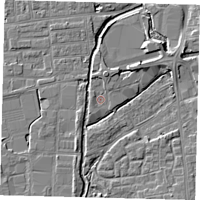 Shaded relief map of the ground around SW192RD, computed from Environment Agency LiDAR. The ground here sits at about 14 m above sea level and falls 6 m across the surrounding 800 m. Surface water reaching this point runs off ground lying to the north, 1.8 m higher.