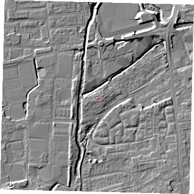 Shaded relief map of the ground around SW192RG, computed from Environment Agency LiDAR. The ground here sits at about 15 m above sea level and falls 6 m across the surrounding 800 m. Surface water reaching this point runs off ground lying to the south-south-east, 1.5 m higher.
