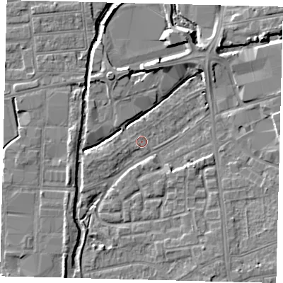 Shaded relief map of the ground around SW192RH, computed from Environment Agency LiDAR. The ground here sits at about 14 m above sea level and falls 6 m across the surrounding 800 m. Surface water reaching this point runs off ground lying to the south-east, 5.5 m higher.