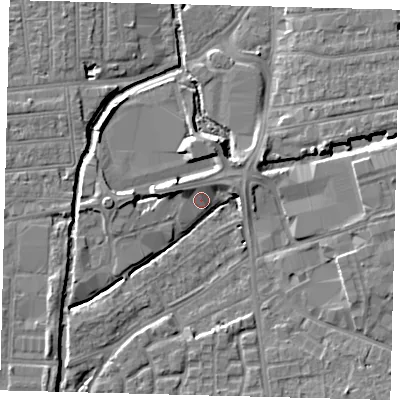 Shaded relief map of the ground around SW192RP, computed from Environment Agency LiDAR. The ground here sits at about 15 m above sea level and falls 7 m across the surrounding 800 m. Surface water reaching this point runs off ground lying to the west-north-west, 5.2 m higher.