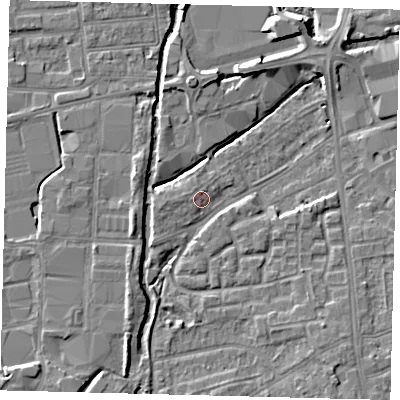 Shaded relief map of the ground around SW192RQ, computed from Environment Agency LiDAR. The ground here sits at about 15 m above sea level and falls 6 m across the surrounding 800 m. Surface water reaching this point runs off ground lying to the west, 1.5 m higher.