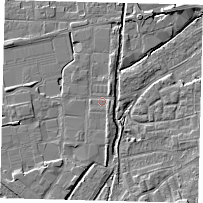 Shaded relief map of the ground around SW192RR, computed from Environment Agency LiDAR. The ground here sits at about 16 m above sea level and falls 6 m across the surrounding 800 m. Surface water reaching this point runs off ground lying to the south-east, 1.6 m higher.